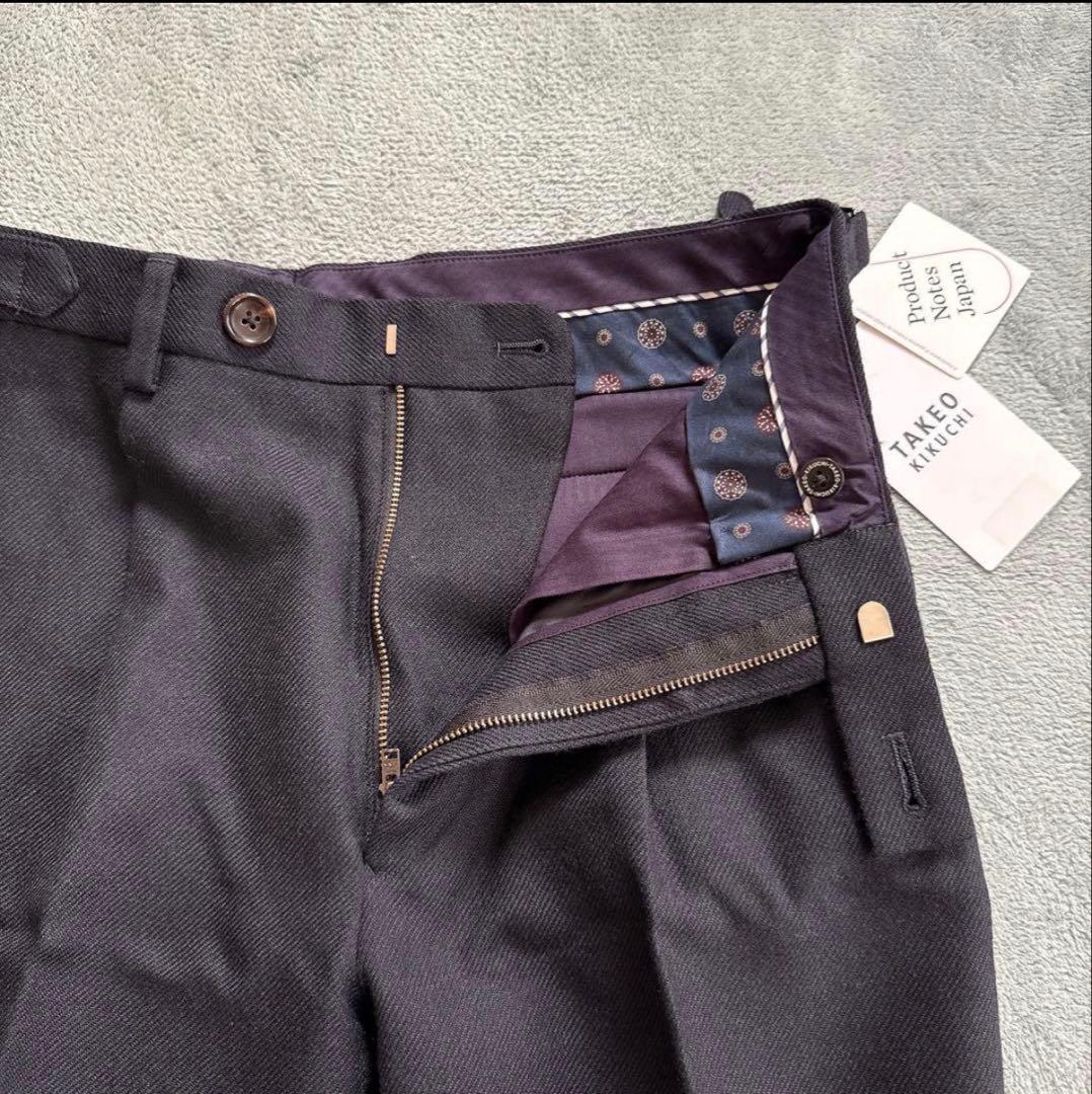 【タケオキクチ】 新品 ウールパンツネイビー M ドレスパンツ スラックス 紺