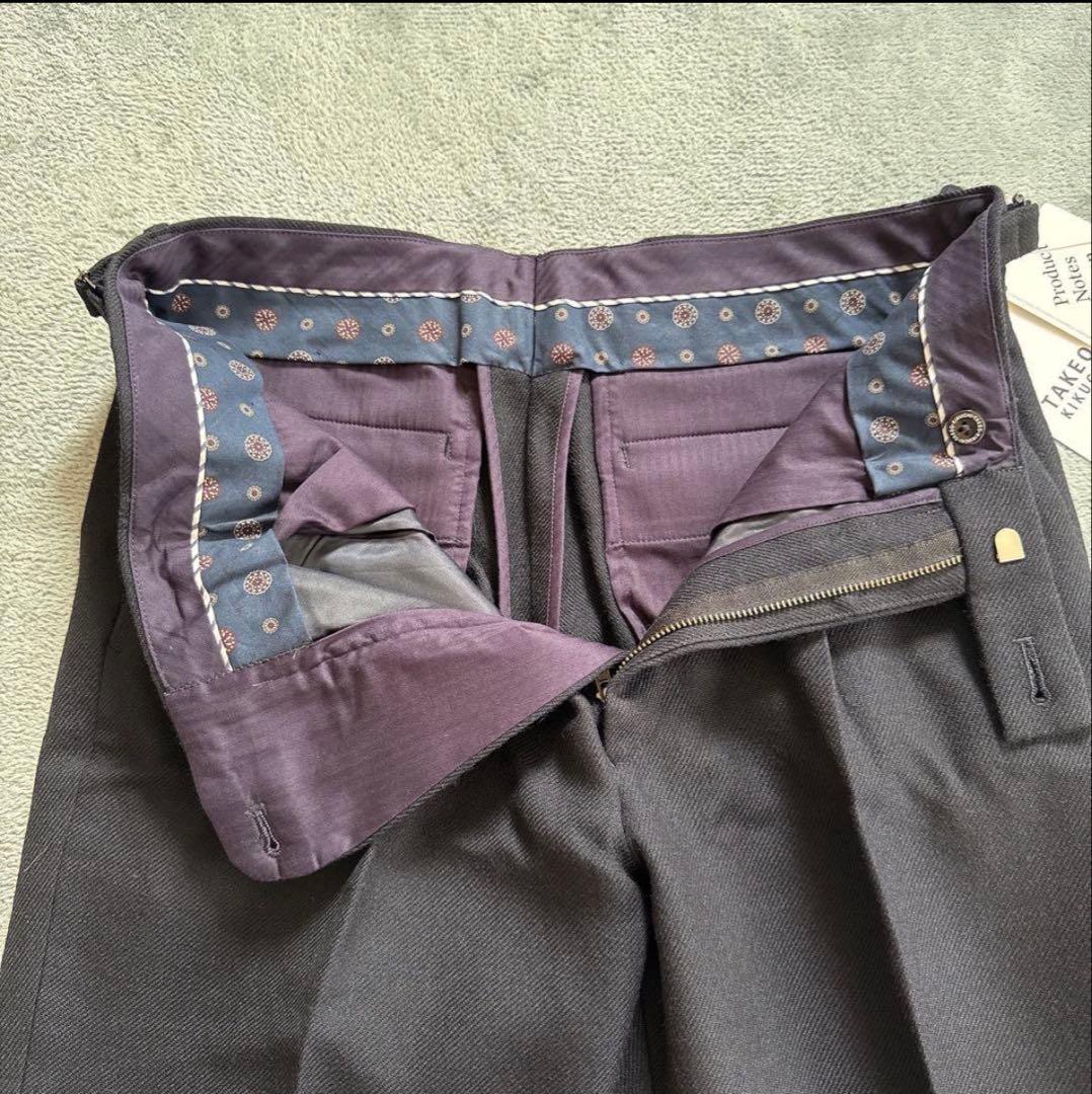 【タケオキクチ】 新品 ウールパンツネイビー M ドレスパンツ スラックス 紺
