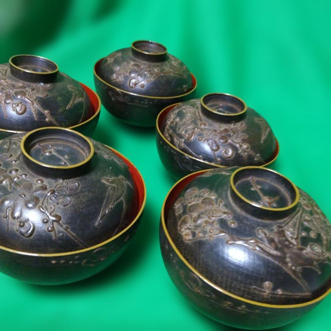 輪島塗 鉄錆塗 天然木椀 5客