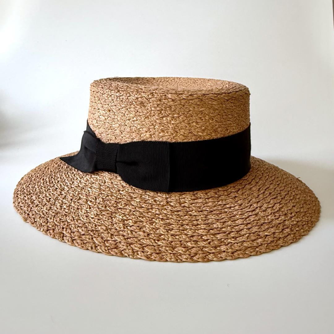 ヘレンカミンスキーhelenkaminski／ラフィアハット／ベージュ 黒リボン