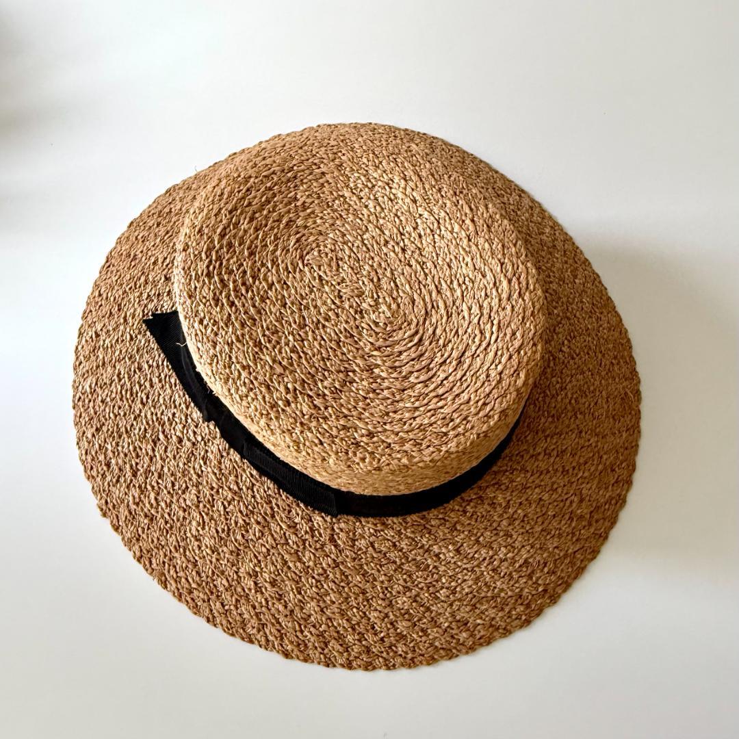 ヘレンカミンスキーhelenkaminski／ラフィアハット／ベージュ 黒リボン