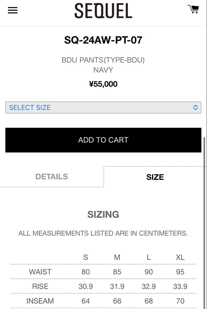 24AW SEQUEL BDU PANTS(TYPE-BDU)紺XL新品