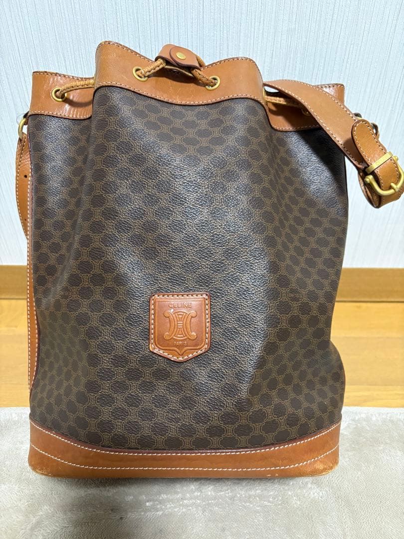 CELINE マカダム柄 巾着ショルダーバッグ ブラウン