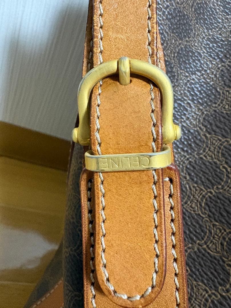 CELINE マカダム柄 巾着ショルダーバッグ ブラウン