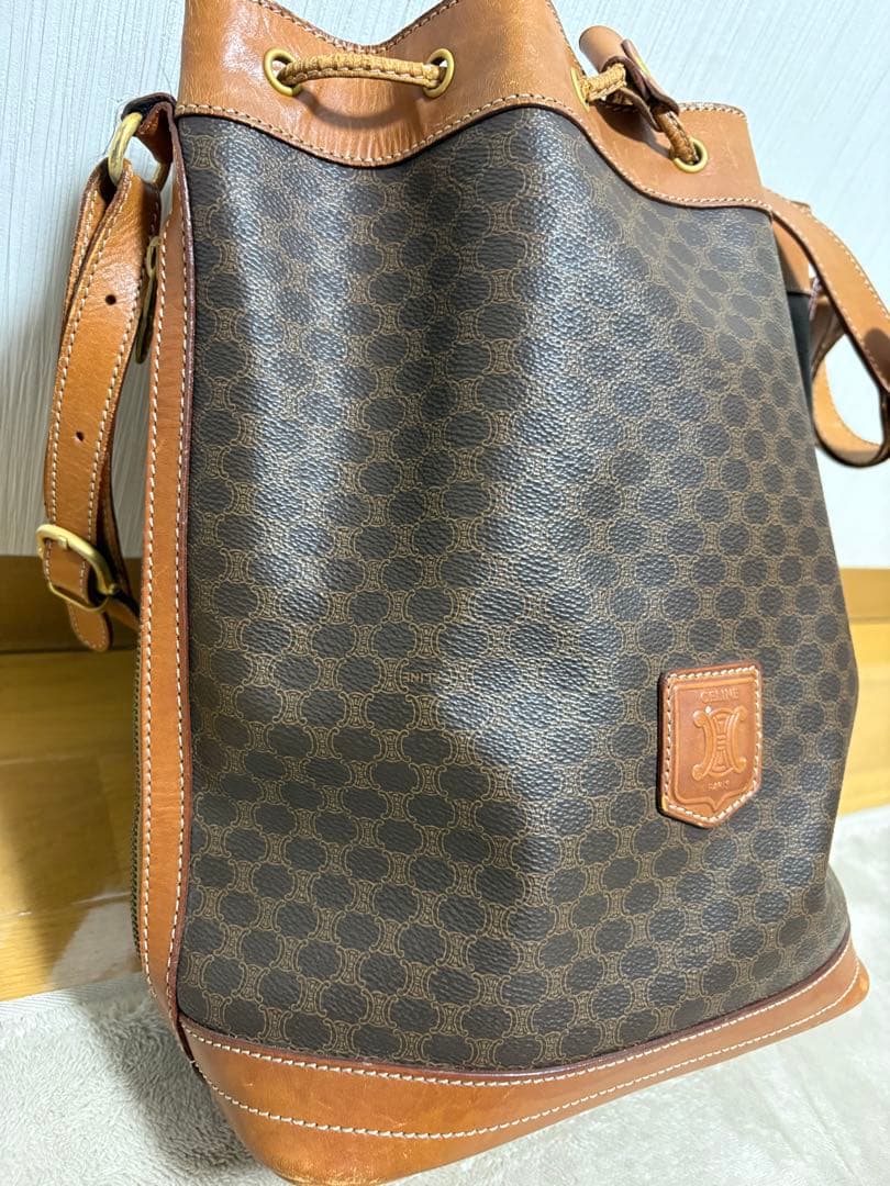CELINE マカダム柄 巾着ショルダーバッグ ブラウン