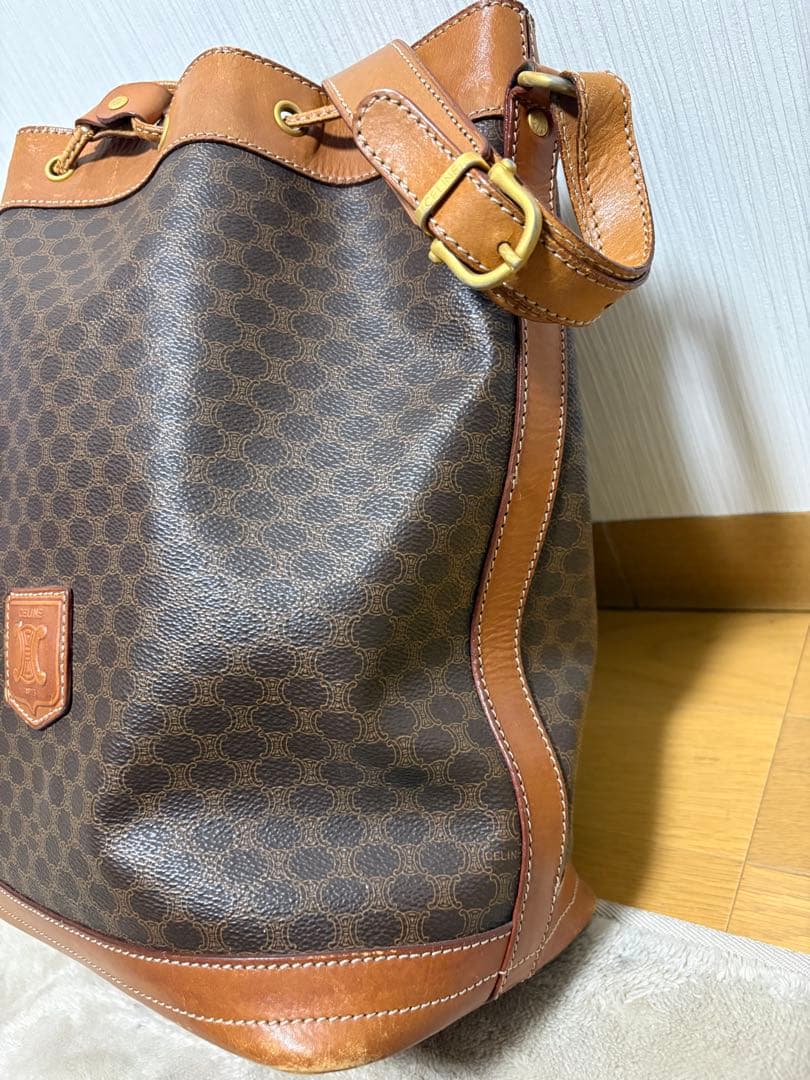 CELINE マカダム柄 巾着ショルダーバッグ ブラウン