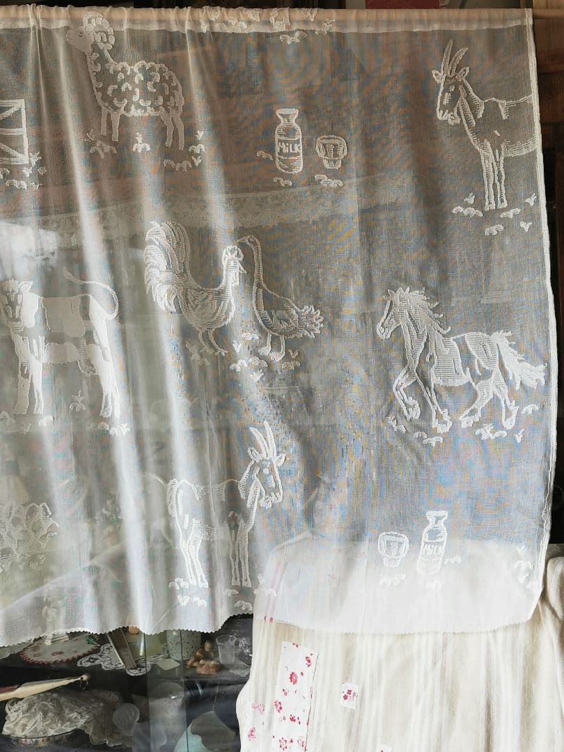 17日特別価格✾アンティーク牧場マドラスレース 酪農 羊馬山羊豚鶏カーテンパネル