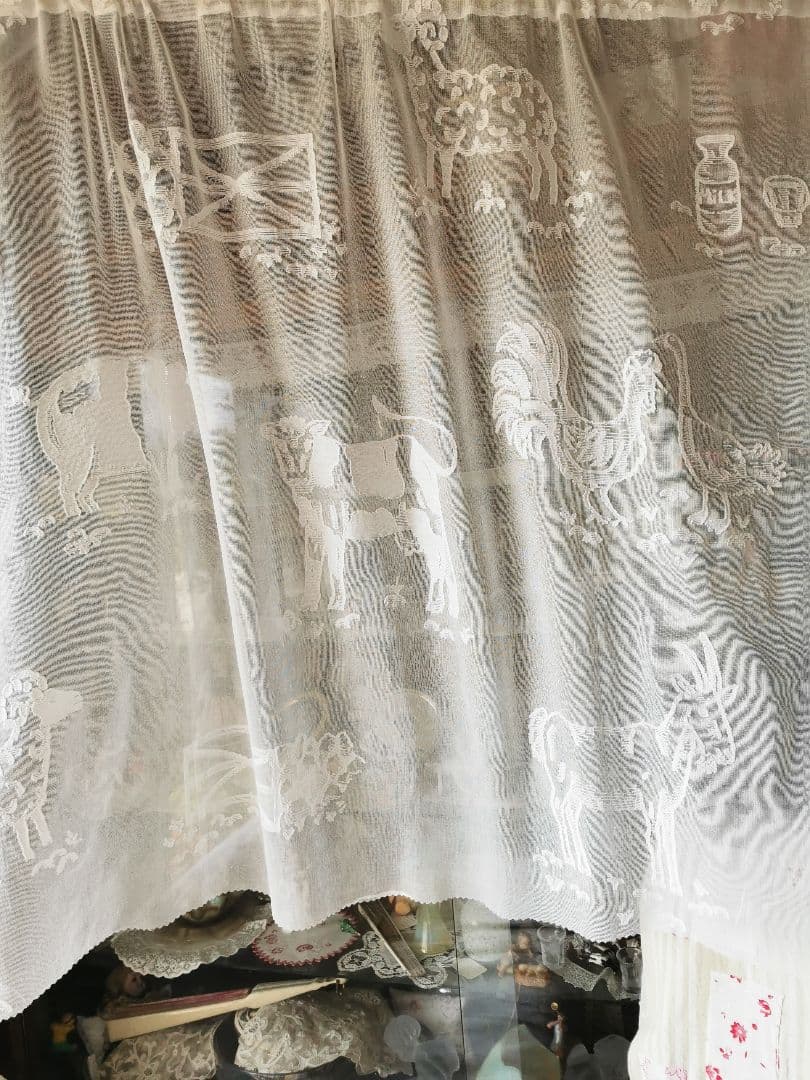 17日特別価格✾アンティーク牧場マドラスレース 酪農 羊馬山羊豚鶏カーテンパネル