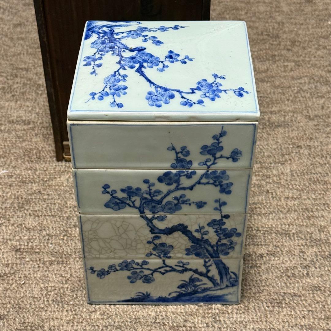 江戸期 亀山焼 染付 重箱 箱付