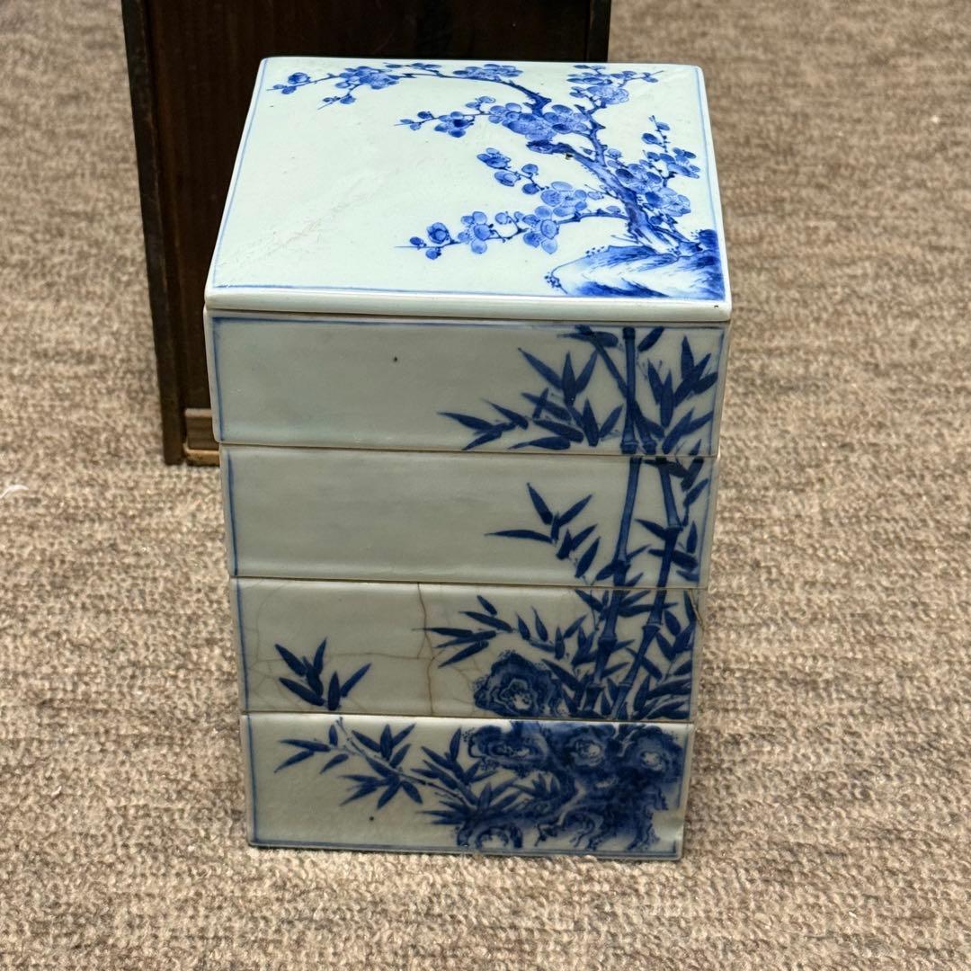 江戸期 亀山焼 染付 重箱 箱付