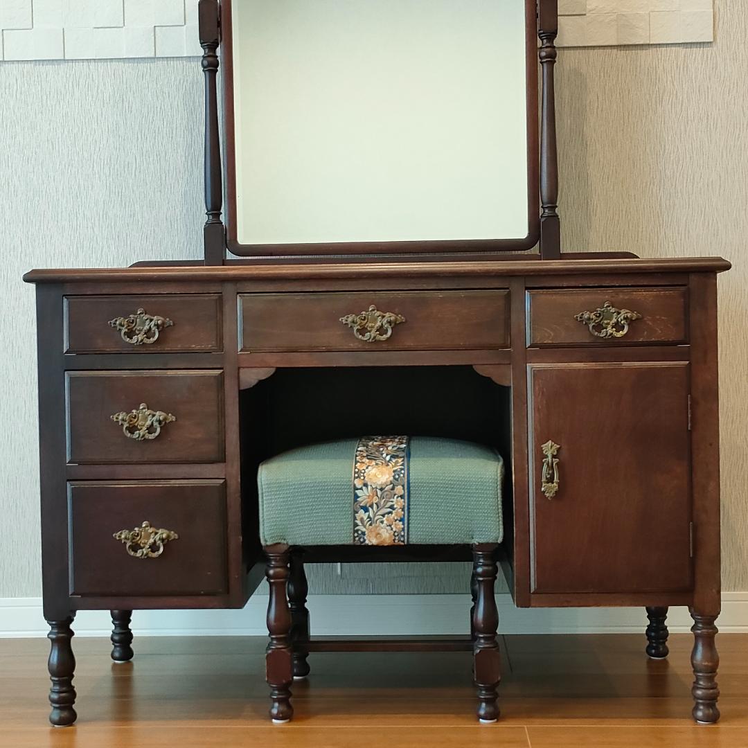 アンティーク　鏡台　スツール　セット品　 引出し７杯　ろくろ脚