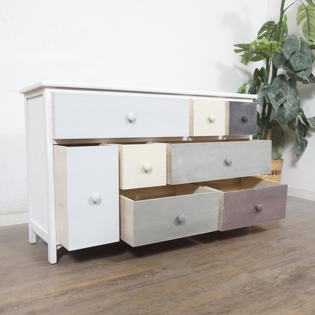 フォロー割【新品】木製スモーキーカラー　チェスト　アンティークホワイト