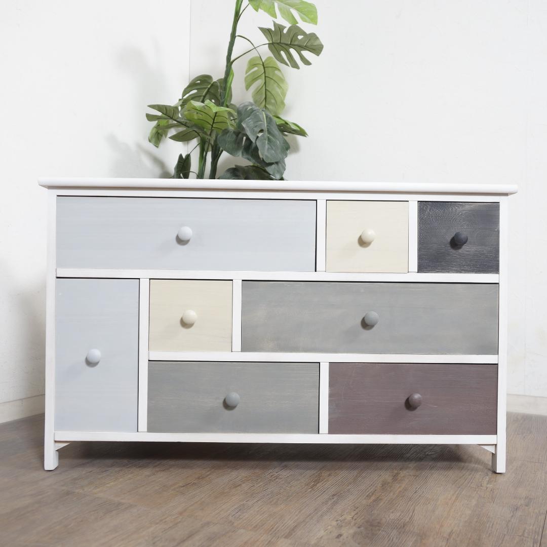 フォロー割【新品】木製スモーキーカラー　チェスト　アンティークホワイト