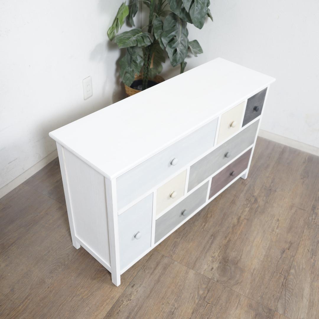 フォロー割【新品】木製スモーキーカラー　チェスト　アンティークホワイト