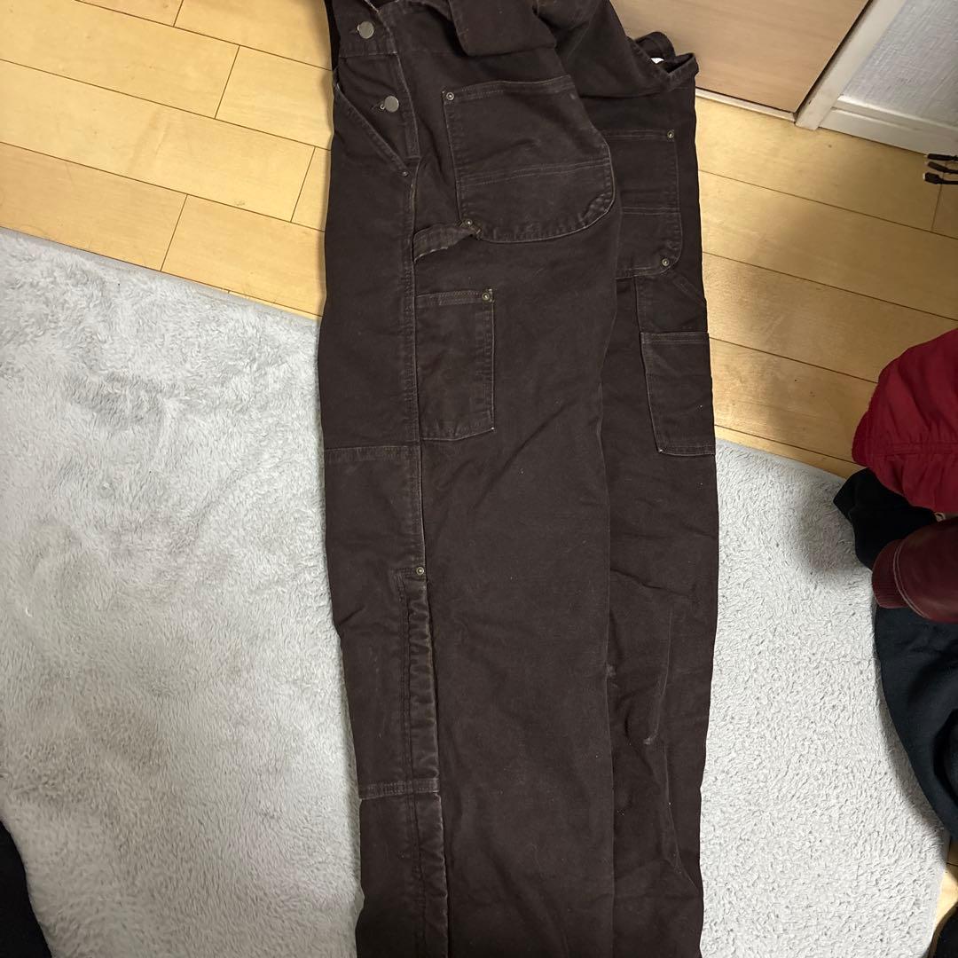 ダークブラウン オーバーオール複数ポケットダブルニー革タグ