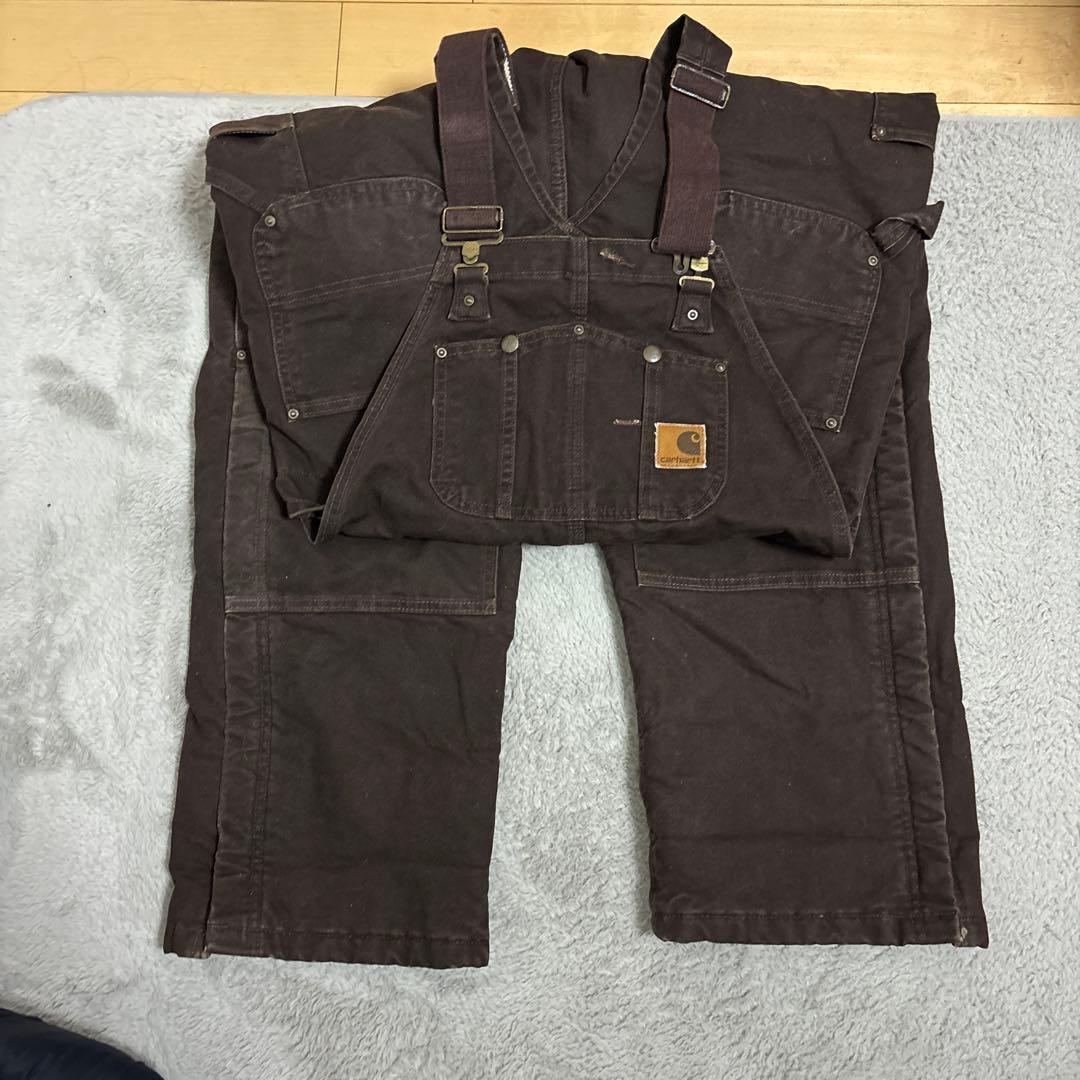 ダークブラウン オーバーオール複数ポケットダブルニー革タグ
