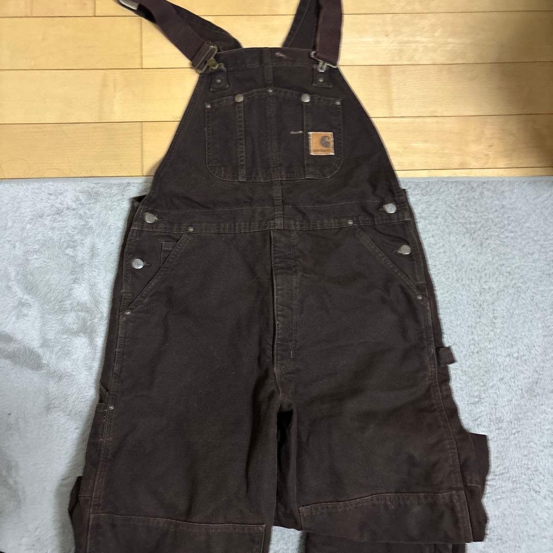 ダークブラウン オーバーオール複数ポケットダブルニー革タグ