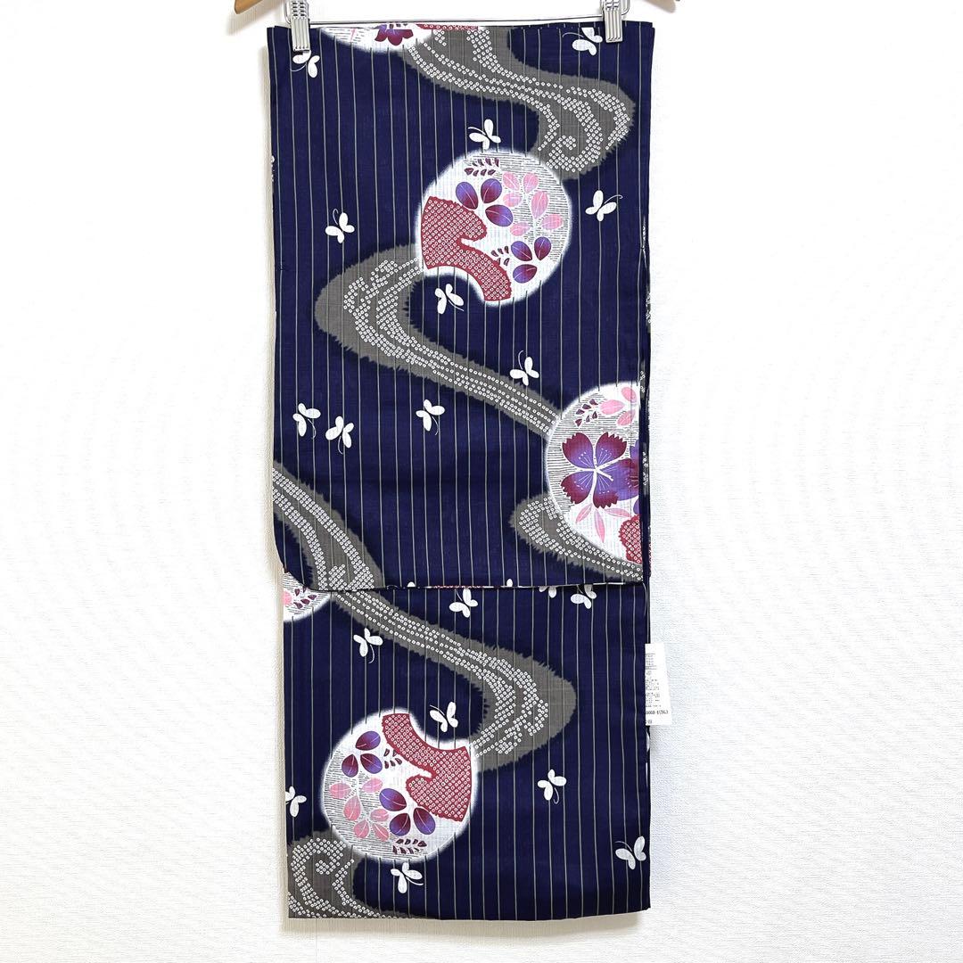 3.新品 5L6L 浴衣単品 紺地に鹿の子文様の流水柄 萩 桔梗