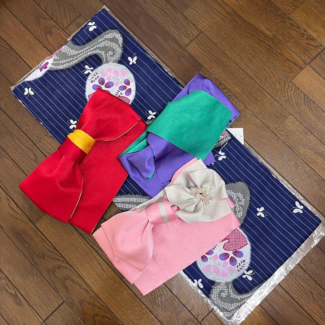 3.新品 5L6L 浴衣単品 紺地に鹿の子文様の流水柄 萩 桔梗