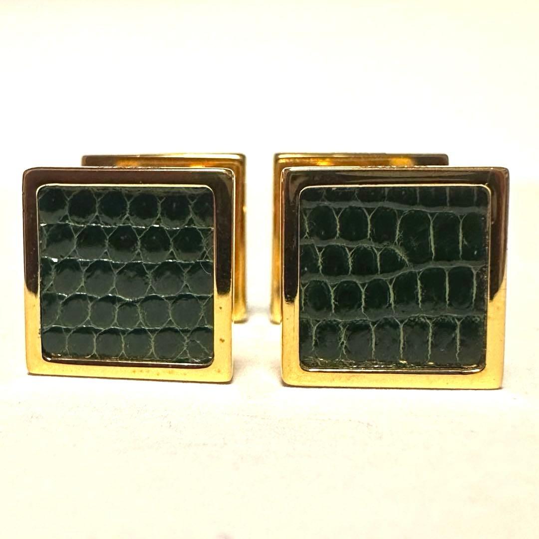 エルメス　HERMES　カフスボタン 　カフリンクス　リザード　グリーン　メタル