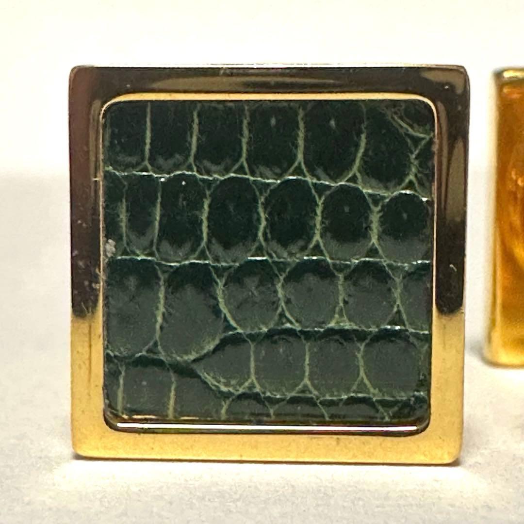 エルメス　HERMES　カフスボタン 　カフリンクス　リザード　グリーン　メタル