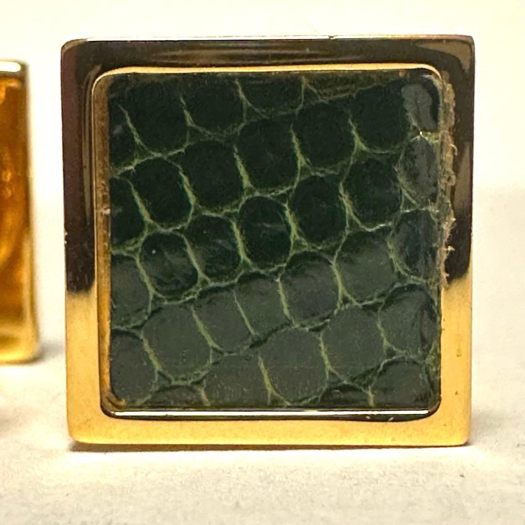 エルメス　HERMES　カフスボタン 　カフリンクス　リザード　グリーン　メタル