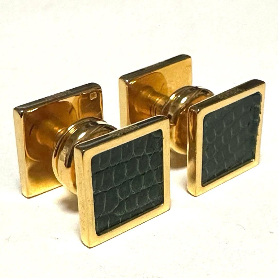 エルメス　HERMES　カフスボタン 　カフリンクス　リザード　グリーン　メタル