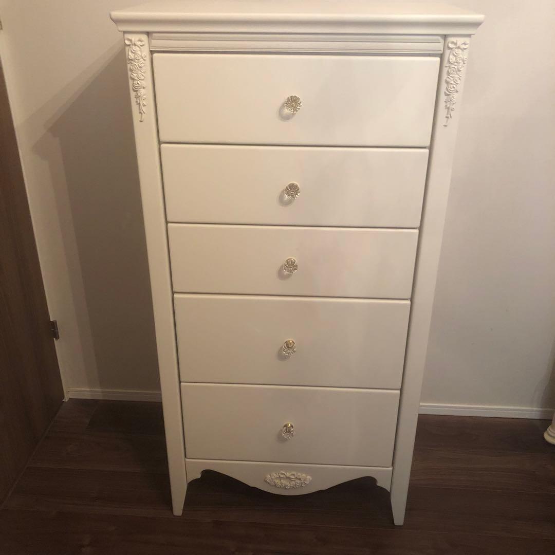 ホワイト 5段チェスト 木製 装飾付き