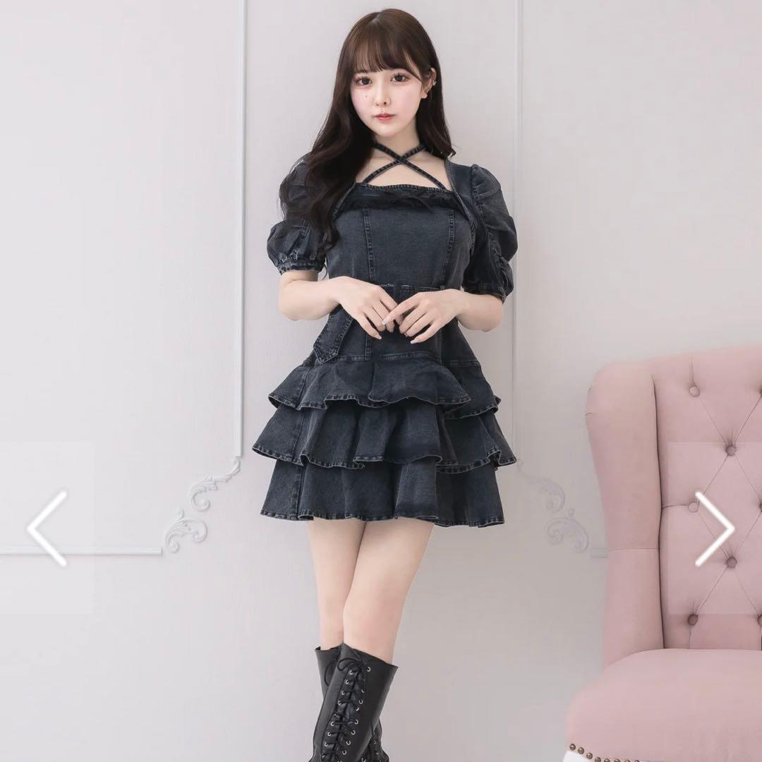 pium デニムワンピース　ティアードフリルミニワンピース
