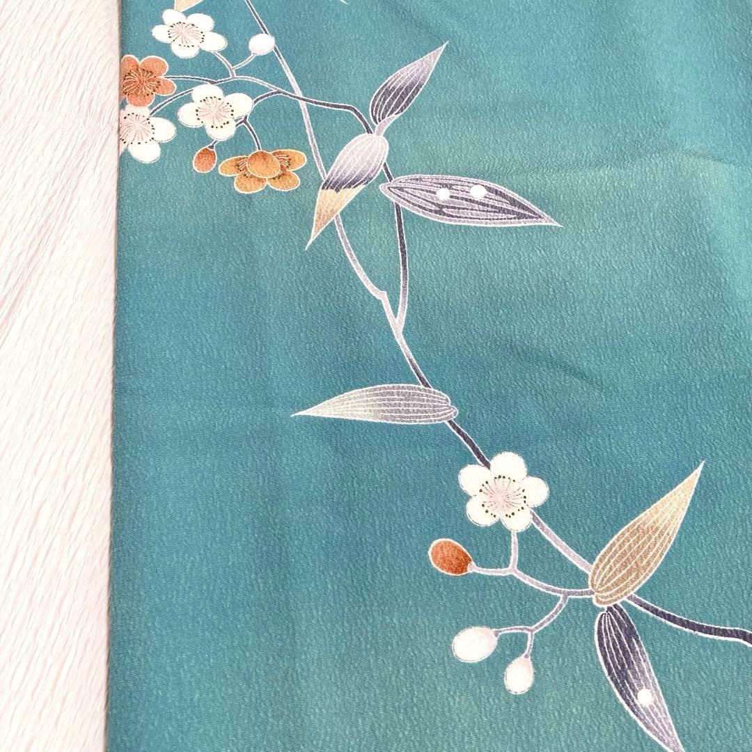 【良品✨】東レシルック　洗える着物　小紋　青みの緑色　梅　紅葉　手縫い仕立てB6