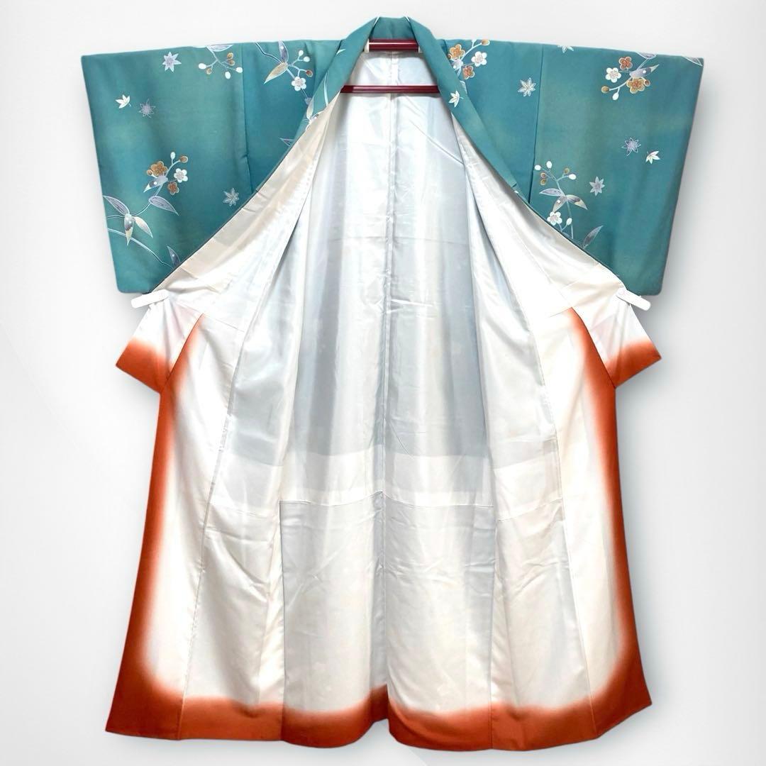 【良品✨】東レシルック　洗える着物　小紋　青みの緑色　梅　紅葉　手縫い仕立てB6