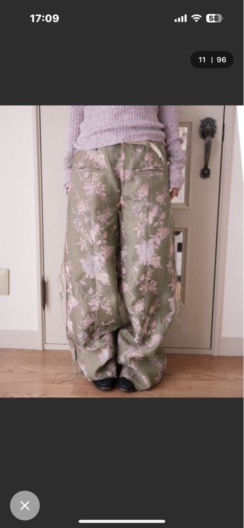 オリーブグリーン 花柄 ワイドパンツ　サイズ1