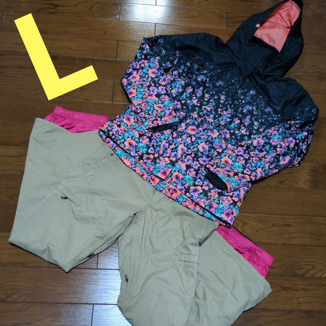 【美品】ROXY　スノボウェア　上下セット　L　小花柄　ベージュ
