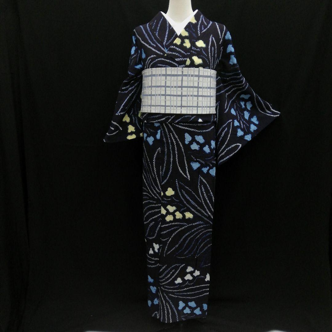 有松鳴海絞り 浴衣 ( 黃白水色花紋様　藍色　手縫い仕立て　居敷当て付)