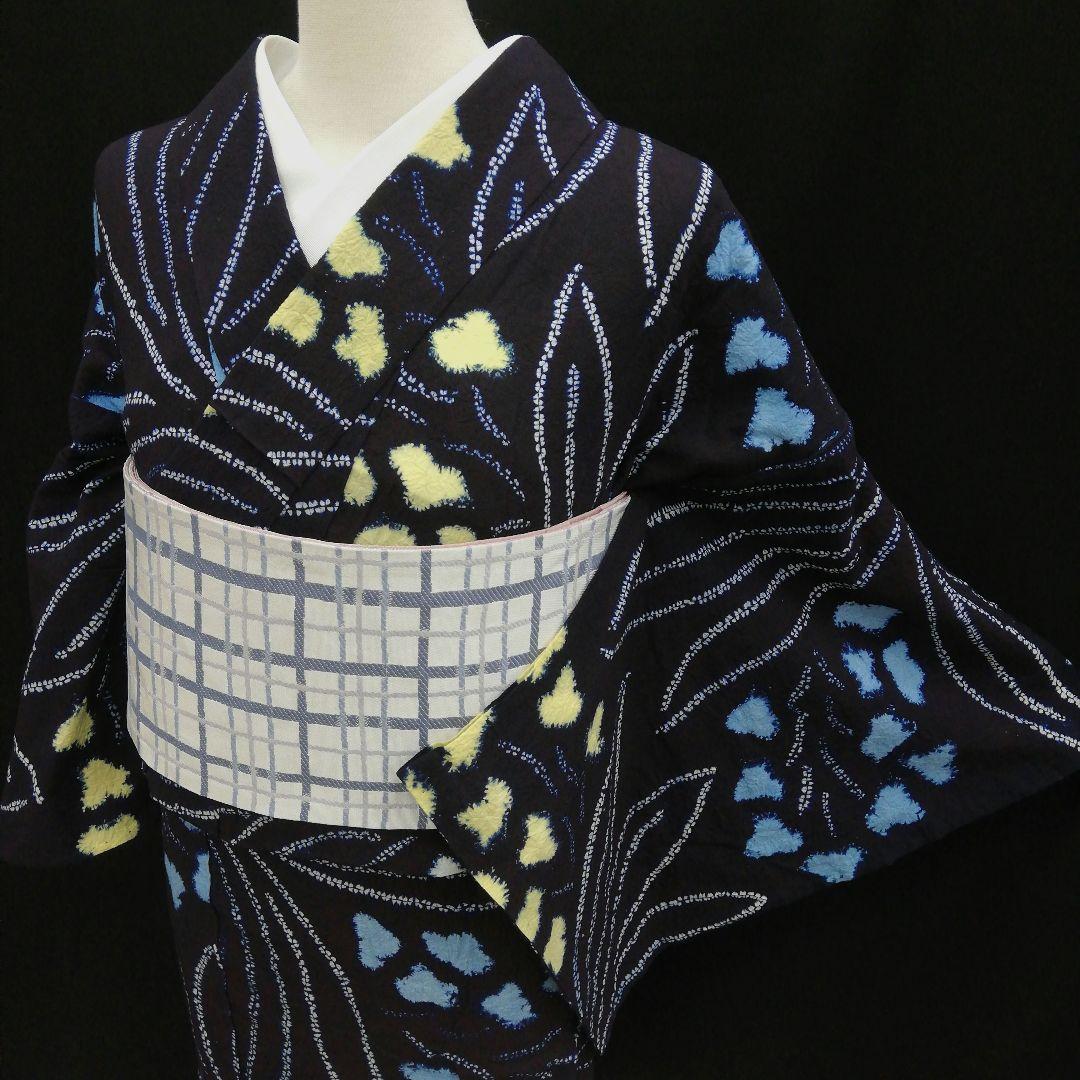 有松鳴海絞り 浴衣 ( 黃白水色花紋様　藍色　手縫い仕立て　居敷当て付)