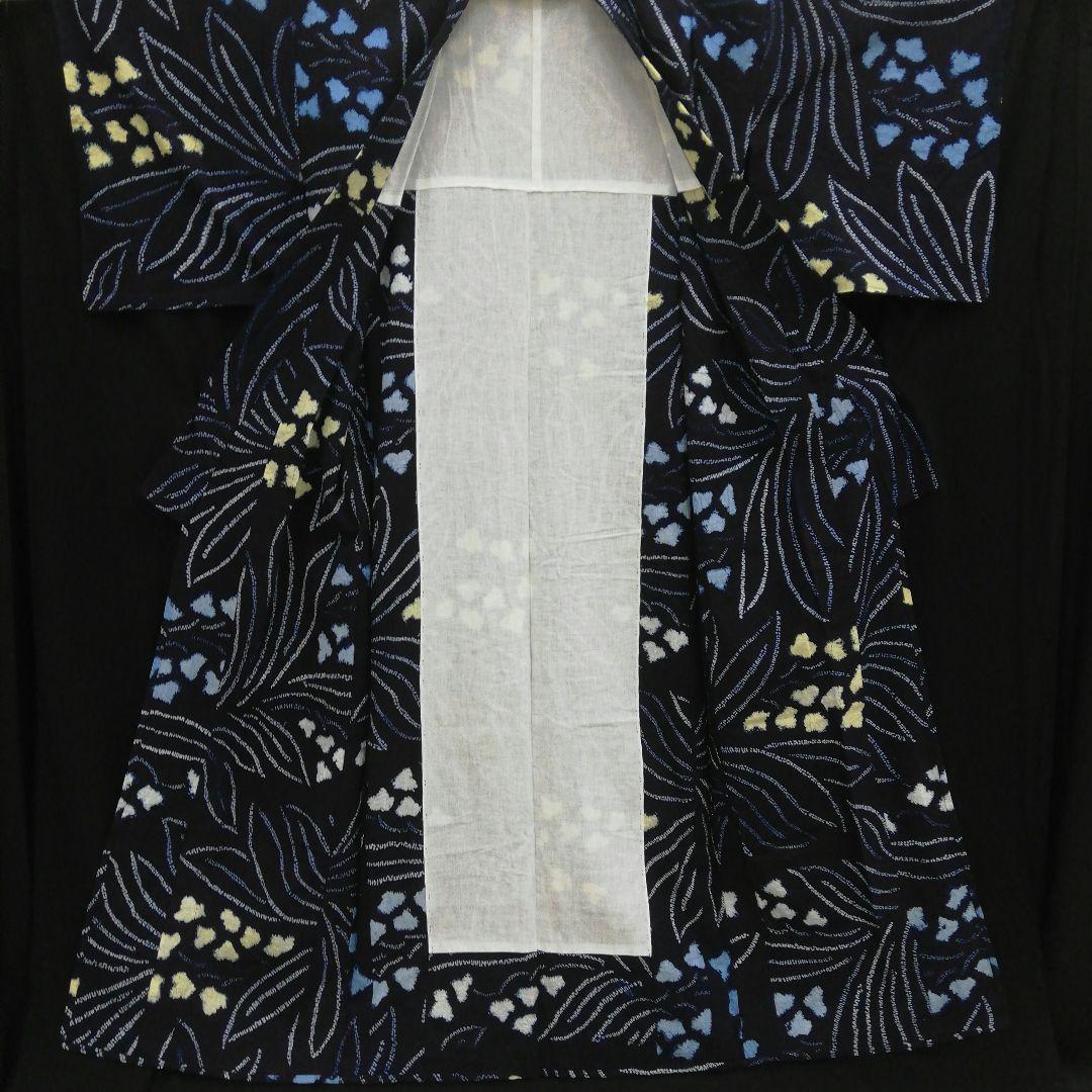 有松鳴海絞り 浴衣 ( 黃白水色花紋様　藍色　手縫い仕立て　居敷当て付)