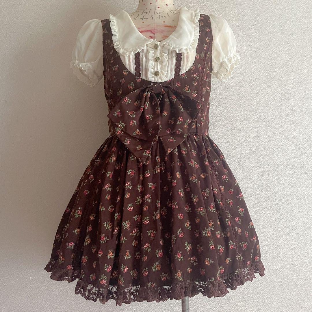 00s 希少 LIZLISA ビッグリボン ドッキングブラウンフリルワンピ