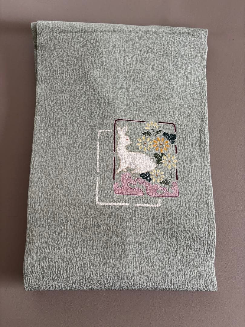 正絹 縮緬 九寸名古屋帯 金彩 花兎 手描き友禅 美品