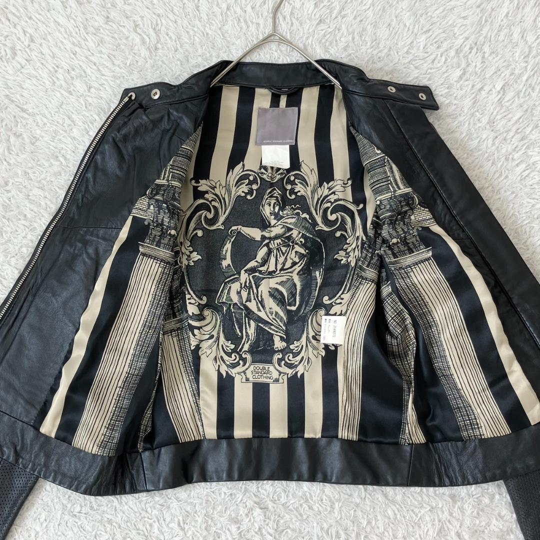 極美品✨ダブルスタンダード ライダースジャケット ラムレザー 羊革 裏地総柄 黒