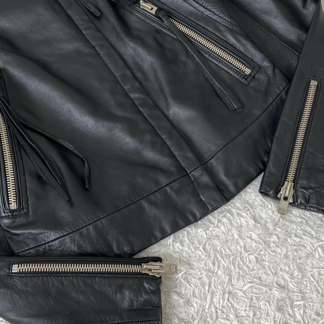 極美品✨ダブルスタンダード ライダースジャケット ラムレザー 羊革 裏地総柄 黒