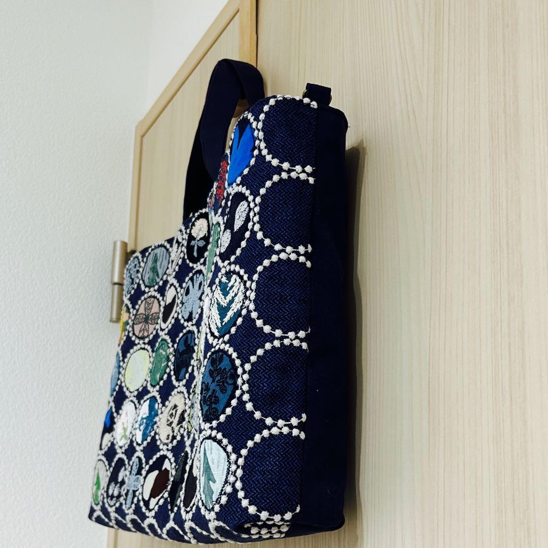 ハンドメイド　トートバッグ　ミナペルホネン　ネイビー+アップリケ