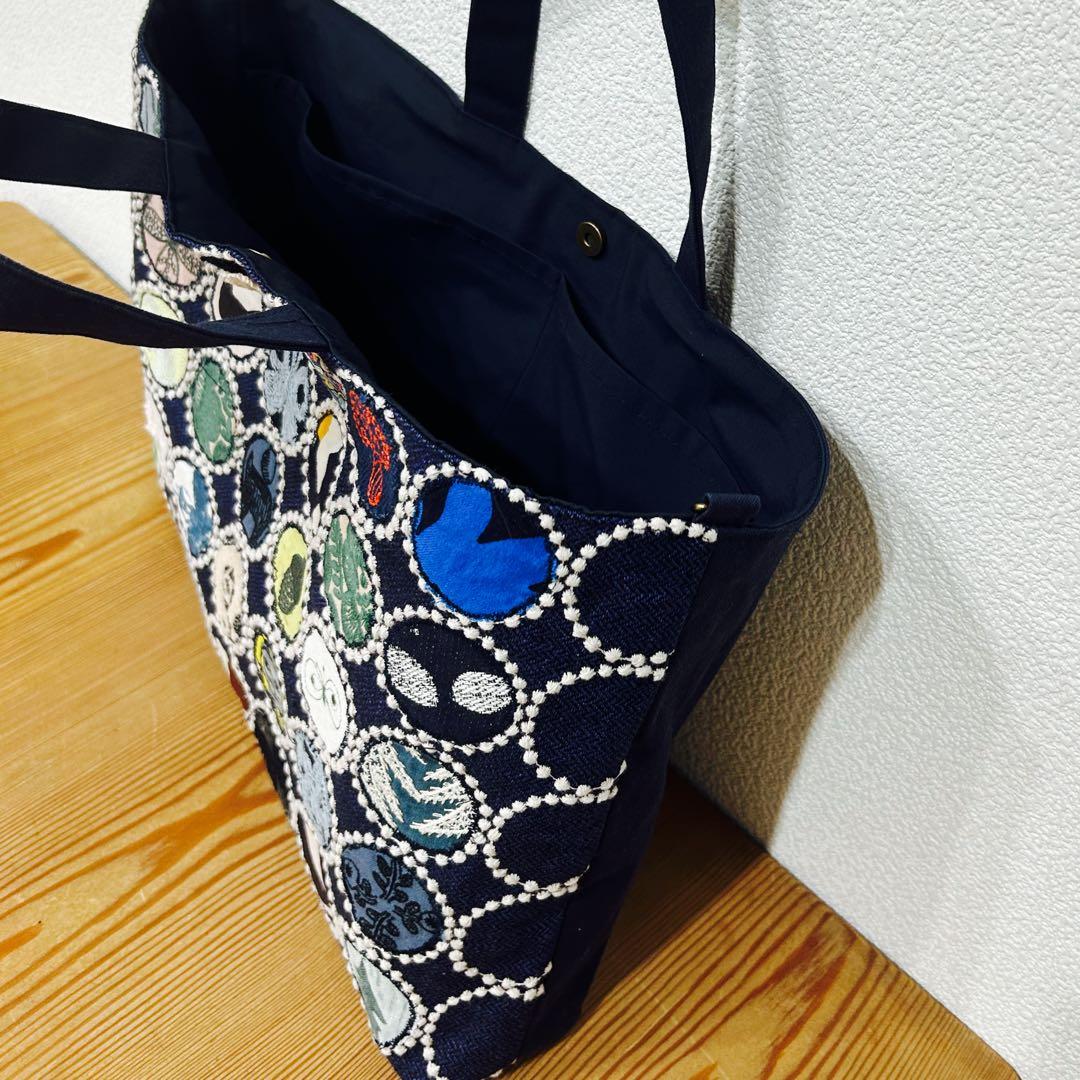 ハンドメイド　トートバッグ　ミナペルホネン　ネイビー+アップリケ