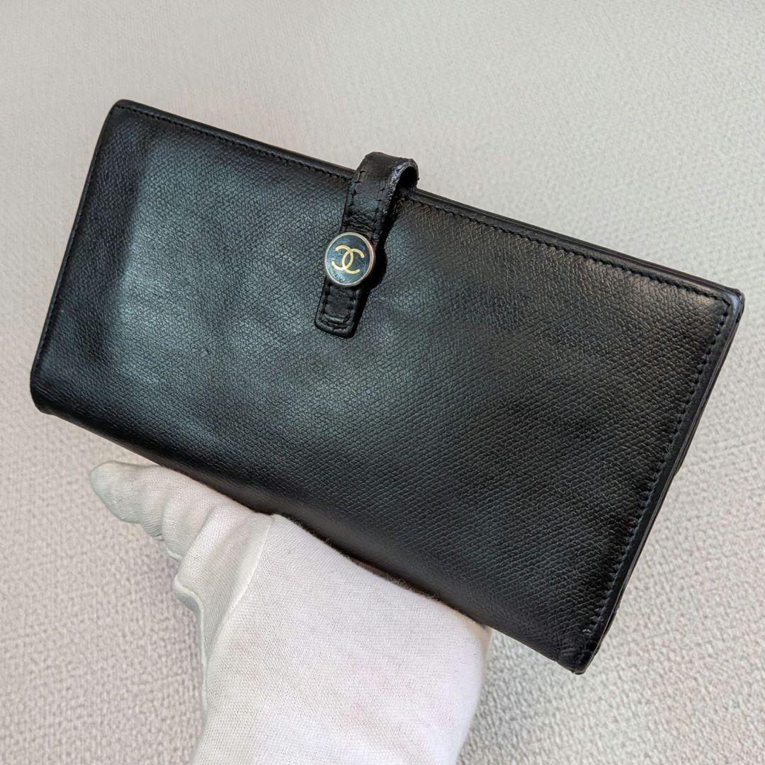 最終価格　シャネル　黒　Wホック長財布　カーフスキン　チェーン　ショルダー