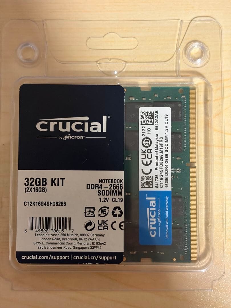 メモリー Crucial 32GB (2x16GB) DDR4-2666 SO-DIMM
