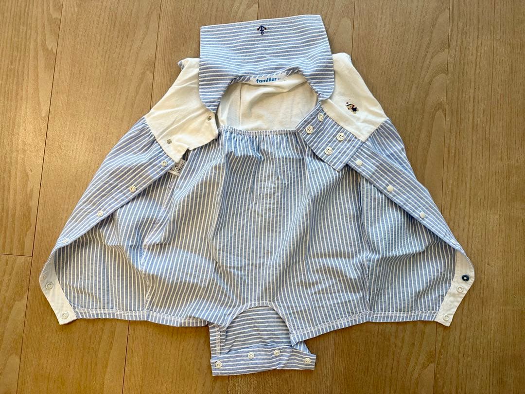 【美品】familiar ストライプ セーラー襟ロンパース 80