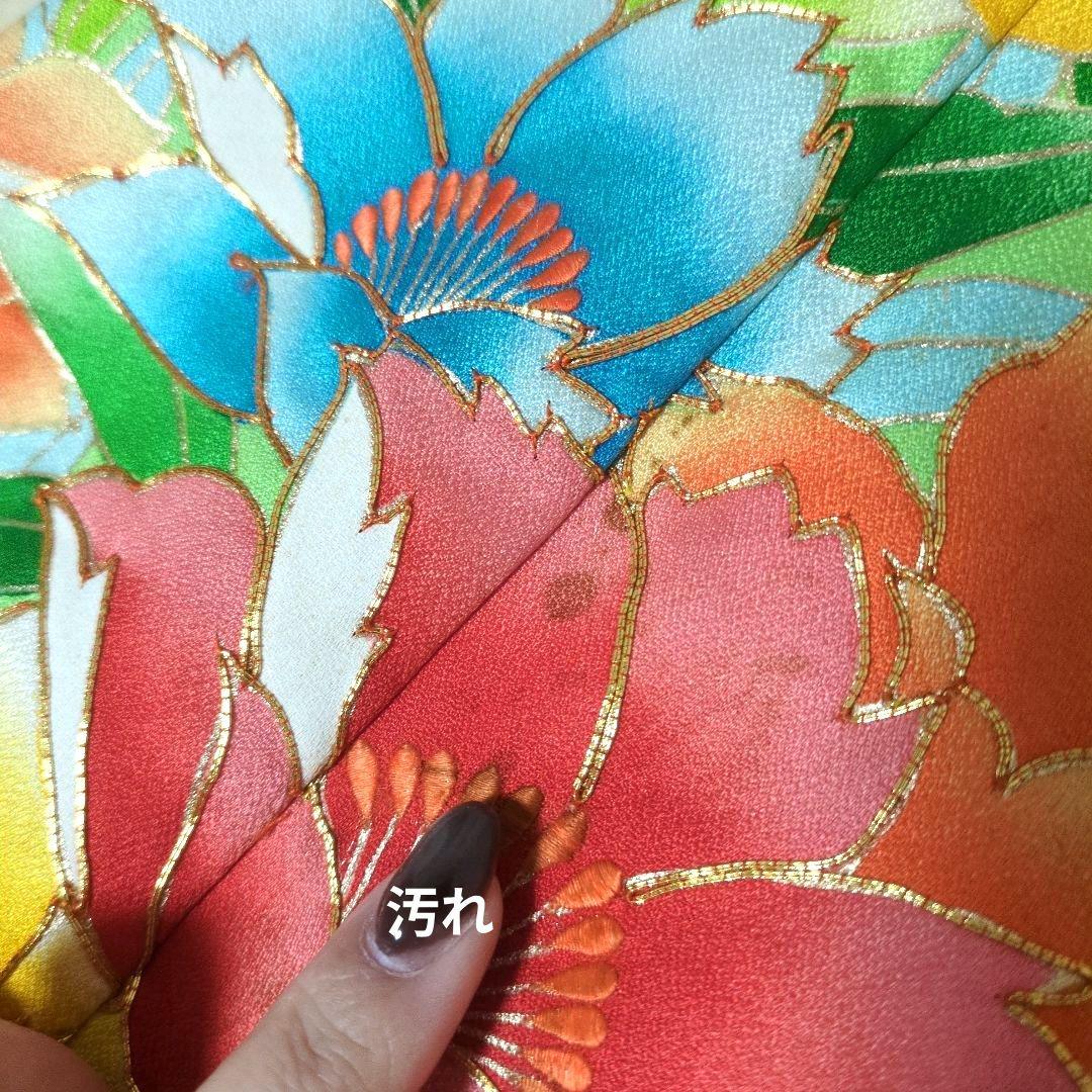 正絹 金赤 松に花 振袖リメイクドレス