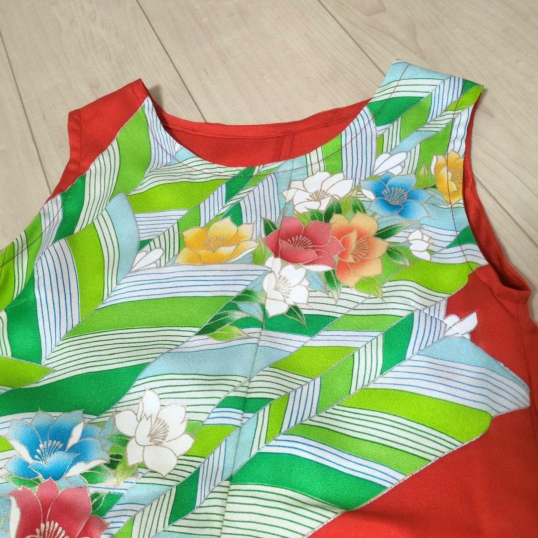 正絹 金赤 松に花 振袖リメイクドレス