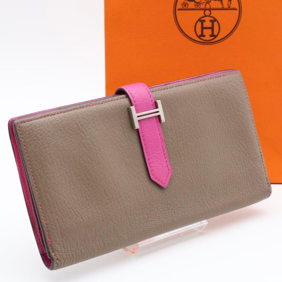 【極美品】HERMES ベアンスフレ　長財布　バイカラー　グレージュ×ピンク
