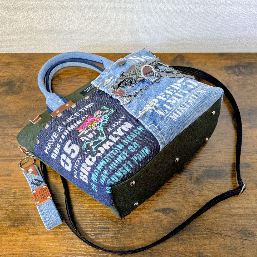 一点物｜デニムリメイク 2wayトート｜ポケットたくさん・ストラップ・底鋲付き