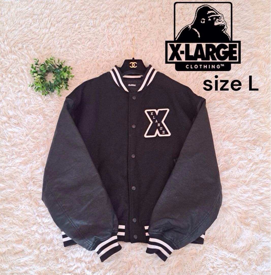 【即完売モデル】エクストララージ　袖切替レザー　パイルロゴ　ウールスタジャン　黒